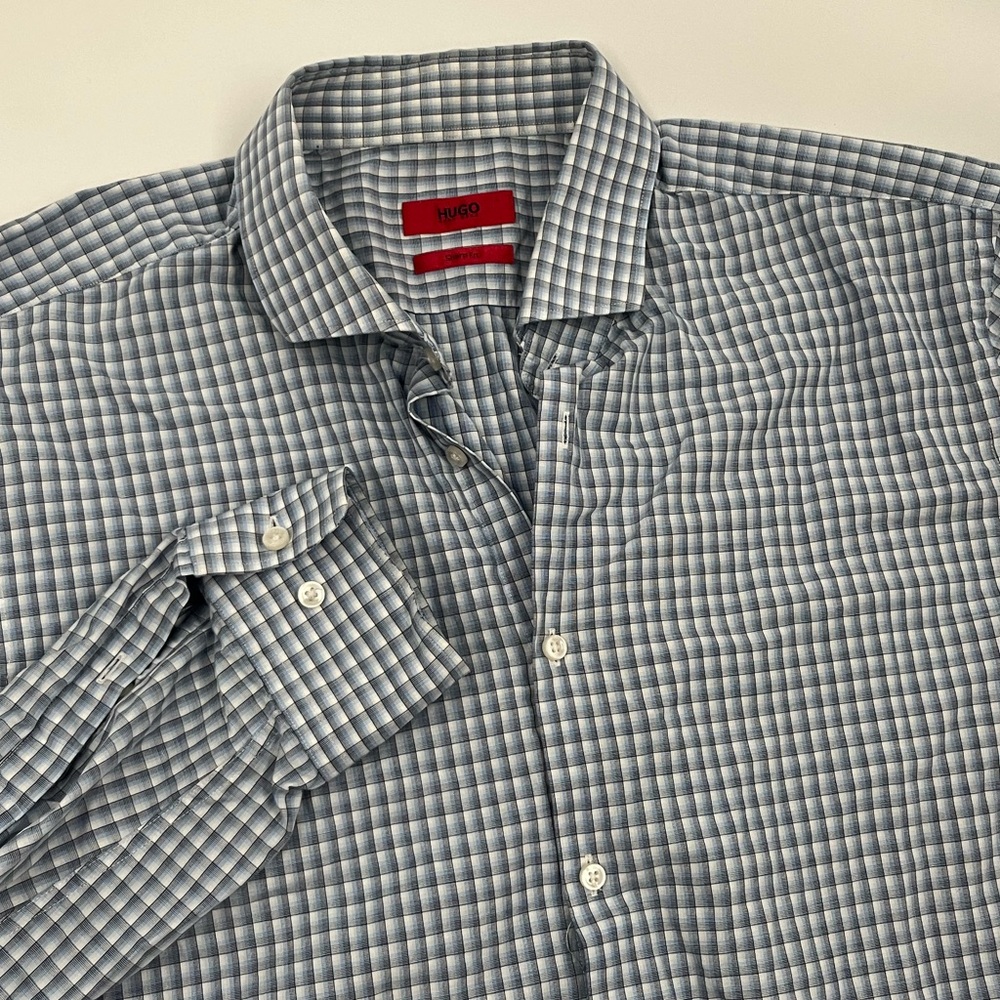 Hugo Boss Red Label‎ Men's 34/35 Sharp Fit Blue Plaid Long Sleeve Dress Shirt